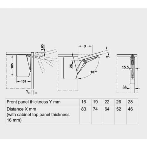 Kích thước bộ tay nâng FREE FLAP 3.15 Hafele 493.05.860 nắp xám
