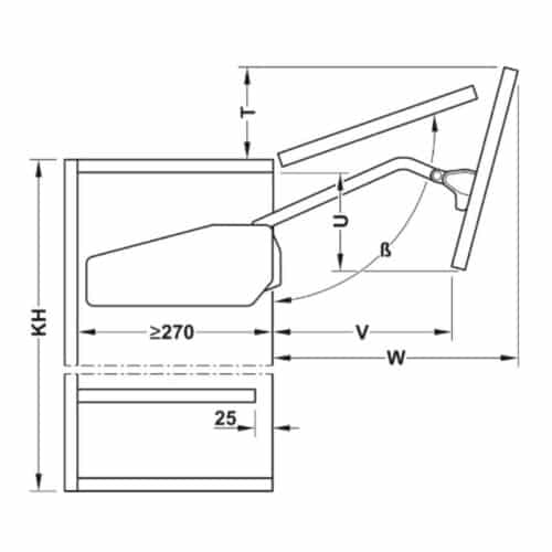 Kích thước bộ tay nâng Free fold short Hafele 493.05.890