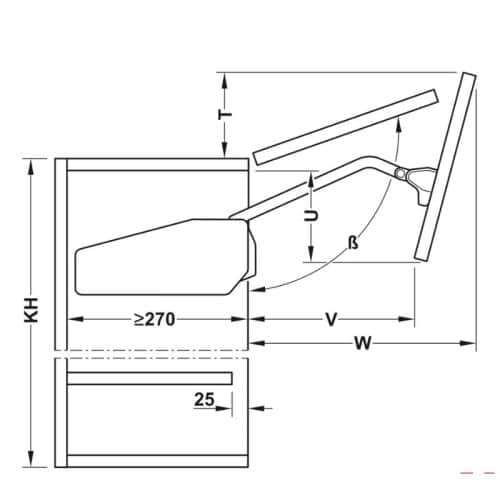 Kích thước bộ tay nâng FREE FOLD SHORT Hafele 493.05.901, trắng