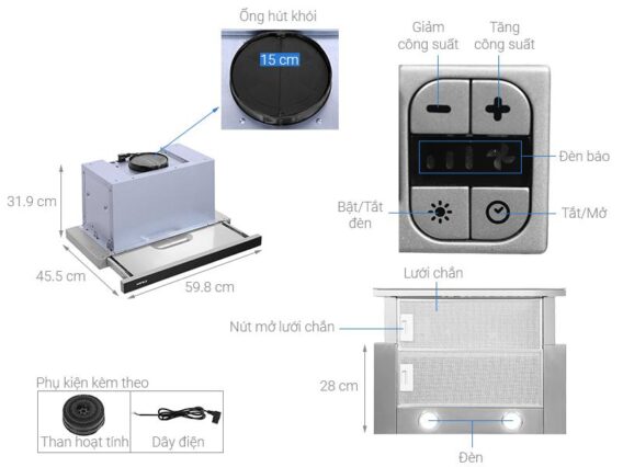 Thiết kế của Máy hút mùi âm tủ Hafele HH-TG60E mặt kính đen