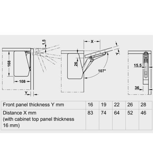 Kích thước bộ tay nâng FREE FLAP 1.7 Hafele 493.05.831 nắp xám