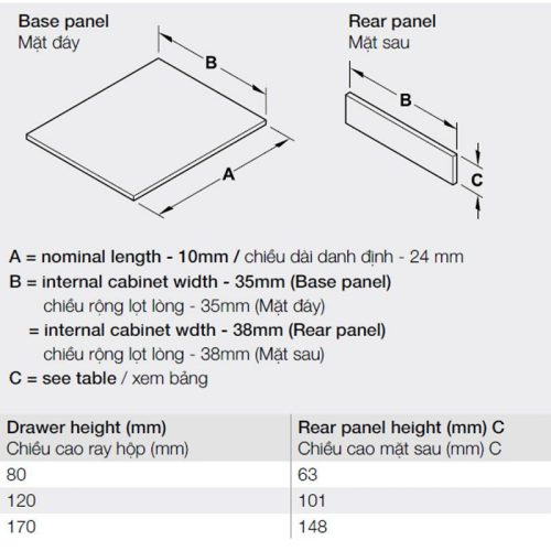Kích thước ray hộp Hafele 552.35.355 Alto S PTO xám đậm H170/500mm