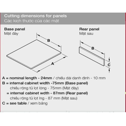 Kích thước ray hộp Hafele 552.79.085 Alto B199 500mm, trắng, nắp kim loại