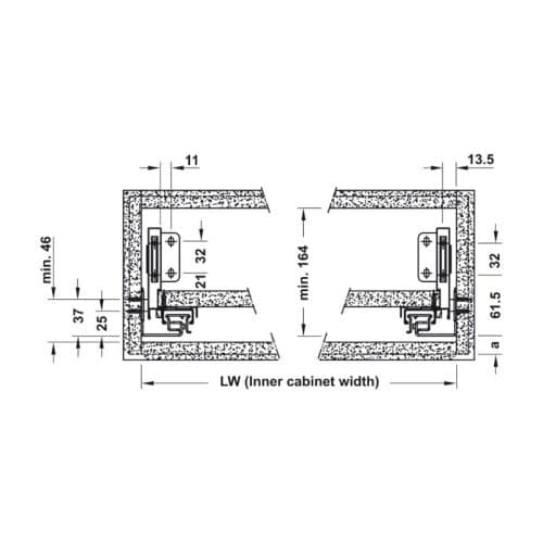 Kích thước ray hộp Alto-S chiều cao 120mm Hafele 552.35.775