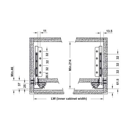 Kích thước ray hộp Alto-S chiều cao 170mm với thanh vuông Hafele 552.55.322