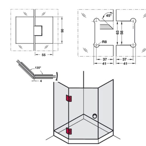 Kích thước bản lề kính-Kính 135 độ Häfele DIY 499.05.806