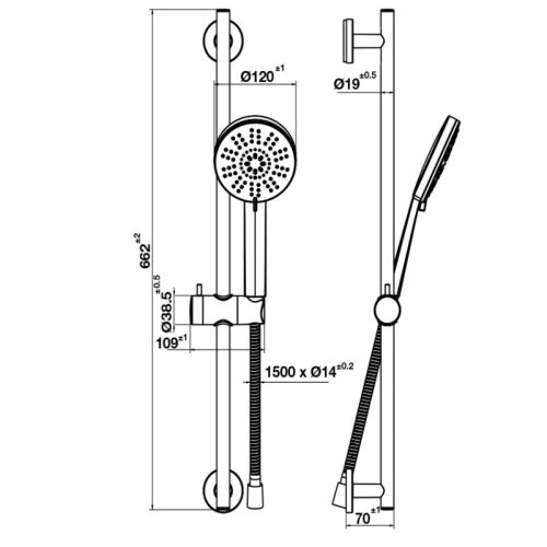 Kích thước bộ sen tay Airsense 120R kết hợp thanh trượt Hafele 495.60.684