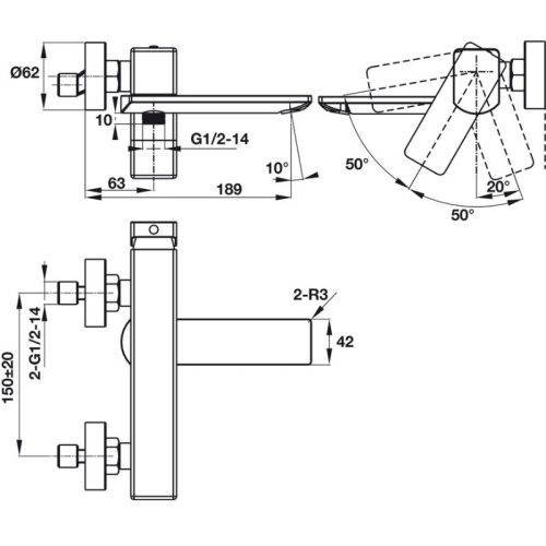 Kích thước bộ trộn nổi 2 đường nước Regal Hafele 495.61.122