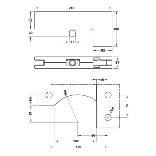 Kích thước Kẹp kính chữ L inox bóng Hafele 981.00.663
