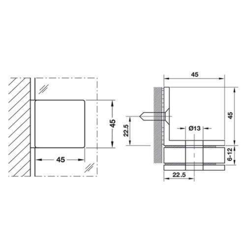 Kích thước kẹp kính - tường 90 độ Häfele DIY 499.05.817