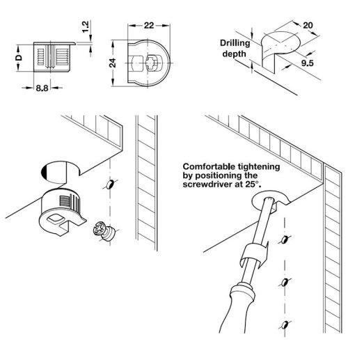Kích thước vỏ nối cho gỗ dày 19mm Hafele 263.10.705