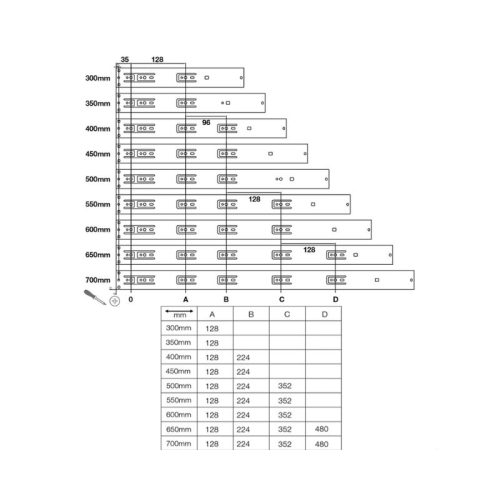 Thông số của Ray bi giảm chấn 500mm Hafele 494.02.065